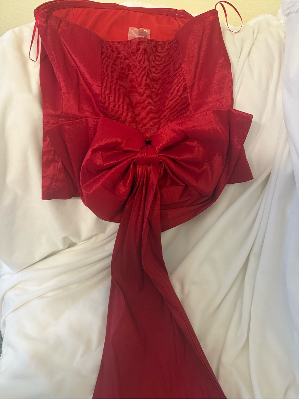 Strapless Red Satin Crop Top with Statement Bow